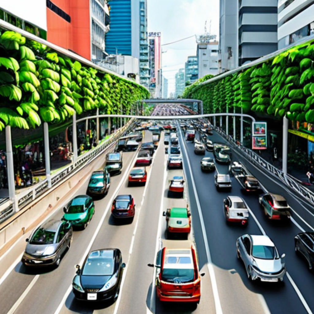 **Prompt 1: "A futuristic, vibrant cityscape of Bangkok at rush hour, where intelligent traffic lights seamlessly manage the flow of electric vehicles on multi-layered roads. The city is adorned with lush vertical gardens and features clean, breathable air. People are seen calmly commuting, reflecting a sense of efficiency and well-being. The scene is bright and optimistic, showcasing a smart, green urban environment that has overcome traditional traffic congestion."**