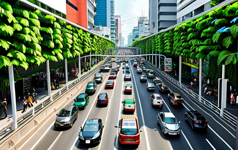 **Prompt 1: "A futuristic, vibrant cityscape of Bangkok at rush hour, where intelligent traffic lights seamlessly manage the flow of electric vehicles on multi-layered roads. The city is adorned with lush vertical gardens and features clean, breathable air. People are seen calmly commuting, reflecting a sense of efficiency and well-being. The scene is bright and optimistic, showcasing a smart, green urban environment that has overcome traditional traffic congestion."**
