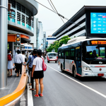 **

A bustling smart city street in Thailand.  Show a modern bus stop with a digital display showing real-time bus arrival information (GPS). People are checking their phones, presumably using a city app.  In the background, a futuristic camera surveillance system is visible on a building, ensuring safety.  Overall, convey a sense of convenience, technology, and vibrant urban life in Thailand.

**