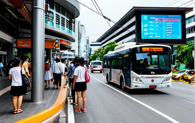 **

A bustling smart city street in Thailand.  Show a modern bus stop with a digital display showing real-time bus arrival information (GPS). People are checking their phones, presumably using a city app.  In the background, a futuristic camera surveillance system is visible on a building, ensuring safety.  Overall, convey a sense of convenience, technology, and vibrant urban life in Thailand.

**