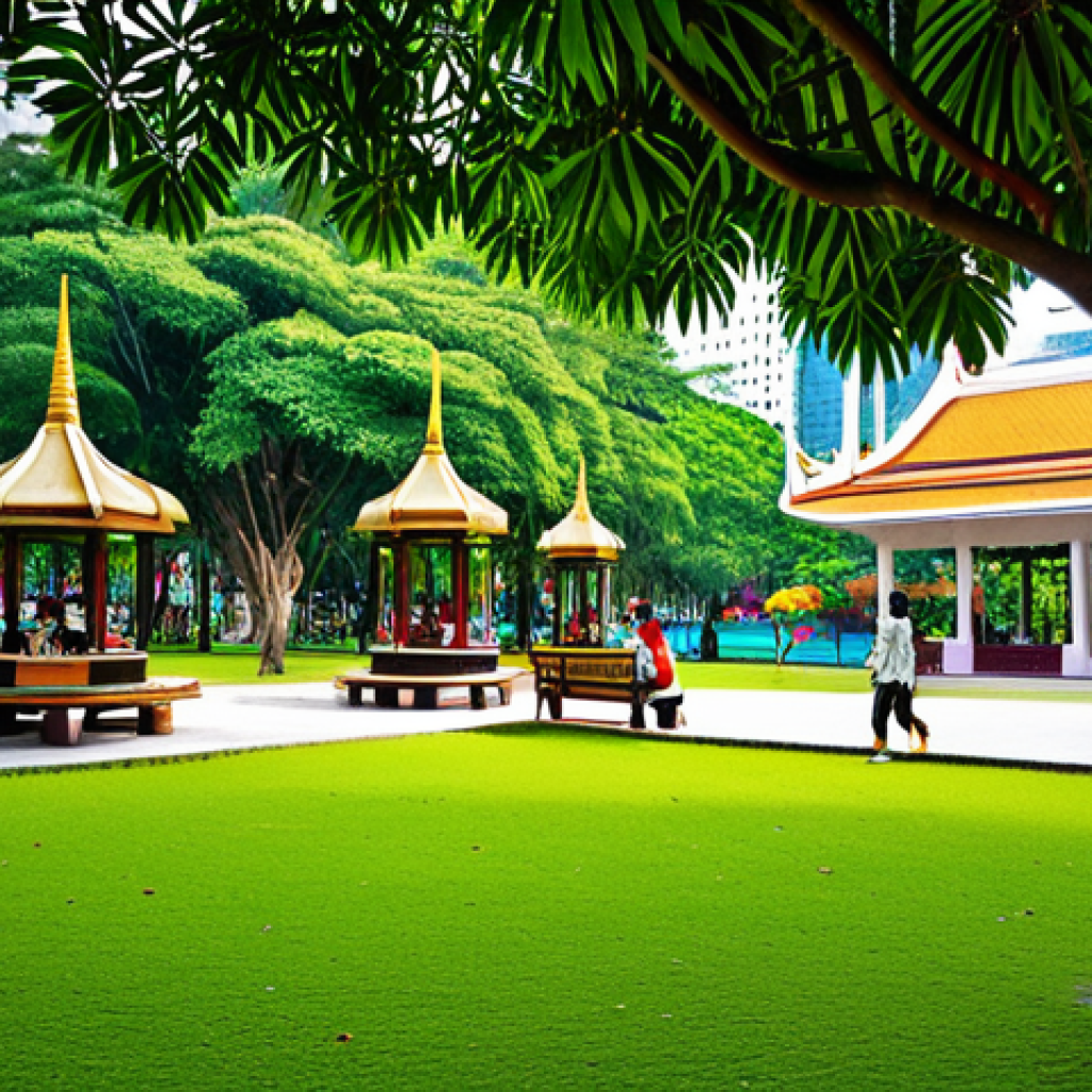 Public Park Scene**
"A vibrant public park in Bangkok, Thailand, filled with families enjoying leisure time, fully clothed. Children are playing on a playground with safe equipment. Adults are relaxing on benches under the shade of tropical trees. Lush greenery and colorful flowers enhance the environment. In the background, traditional Thai architecture can be seen subtly blended with modern buildings. Focus on creating a warm and inviting atmosphere. Safe for work, appropriate content, fully clothed, professional, modest, family-friendly, perfect anatomy, correct proportions, natural pose, well-formed hands, proper finger count, natural body proportions, high quality."
**