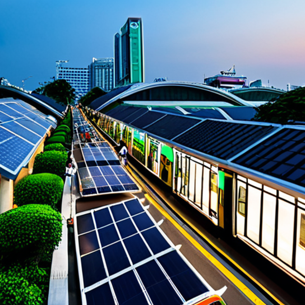 Smart City Living in Bangkok**
A bustling scene in a futuristic Bangkok, showcasing a mix of traditional Thai architecture and modern, eco-friendly technology. Focus on a family enjoying an evening stroll along a clean, well-lit street with smart streetlights and electric tuk-tuks passing by. Depict solar panels on rooftops, lush green spaces integrated into the urban landscape, and people using a public transportation app on their smartphones. The atmosphere should be vibrant, safe, and showcase a high quality of life. Fully clothed, appropriate attire, safe for work, perfect anatomy, natural proportions, professional, modest, family-friendly.
**