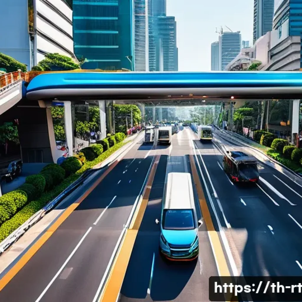 스마트시티 디자인과 통합 교통 시스템 - **Prompt:** A bustling, futuristic intersection in Bangkok, Thailand, bathed in warm afternoon sunli...