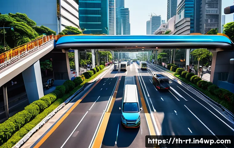 스마트시티 디자인과 통합 교통 시스템 - **Prompt:** A bustling, futuristic intersection in Bangkok, Thailand, bathed in warm afternoon sunli...
