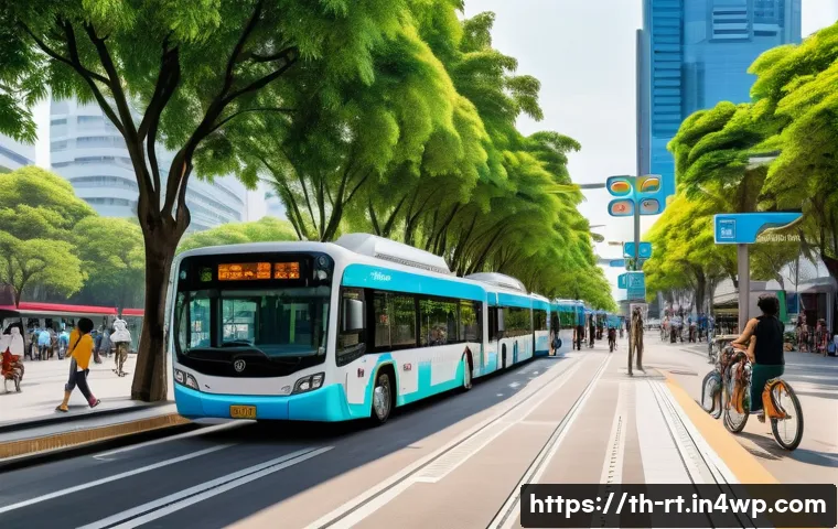 스마트시티 디자인과 인프라 투자 전략 - A bustling smart city public transportation hub in Bangkok during daytime, featuring modern electric...