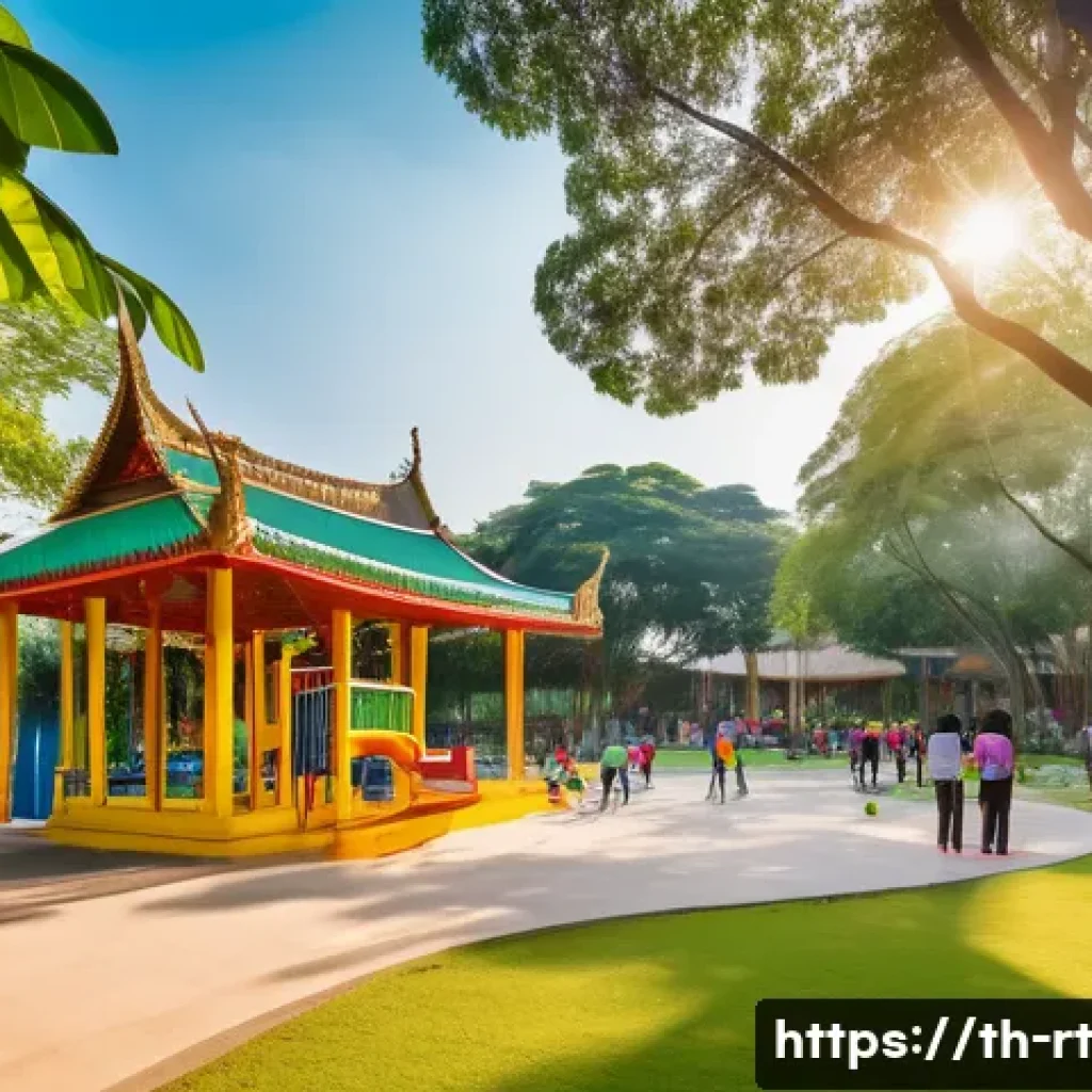 스마트시티 디자인에서의 커뮤니티 중심 접근 - A vibrant community park in a Thai urban neighborhood during the late afternoon, featuring lush gree...