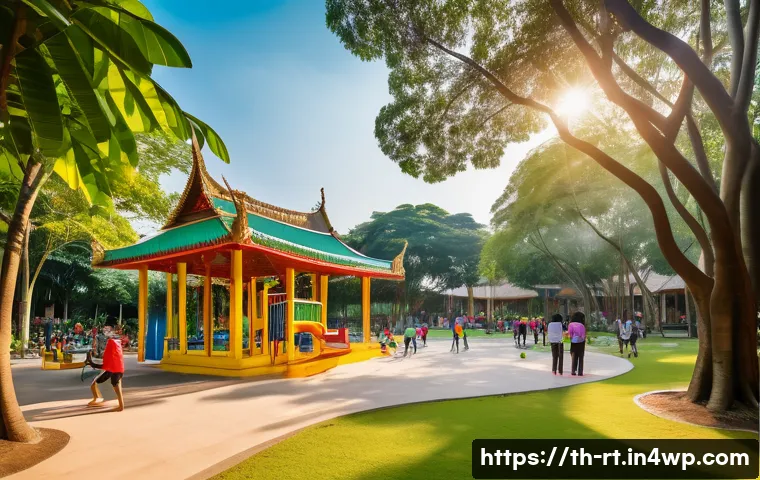 스마트시티 디자인에서의 커뮤니티 중심 접근 - A vibrant community park in a Thai urban neighborhood during the late afternoon, featuring lush gree...