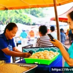 Home 22 스마트시티 디자인의 시민 참여 증진 방법 - ) A vibrant daytime scene at a busy Thai open-air market (talat) where a small community booth teach...