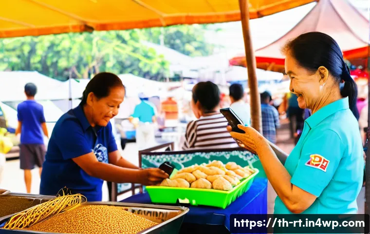 스마트시티 디자인의 시민 참여 증진 방법 - ) A vibrant daytime scene at a busy Thai open-air market (talat) where a small community booth teach...