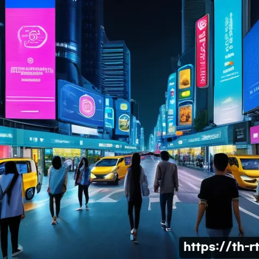 스마트시티 디자인의 데이터 보안 문제 - A futuristic smart city street in Bangkok at night, illuminated by vibrant LED lights and digital bi...