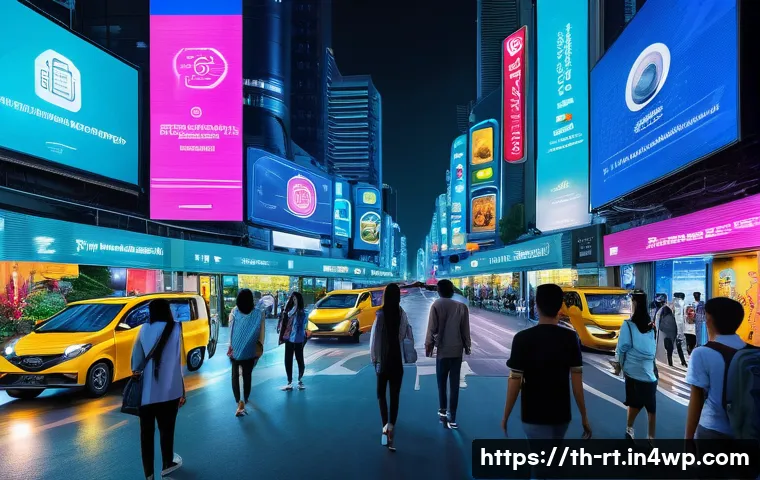 스마트시티 디자인의 데이터 보안 문제 - A futuristic smart city street in Bangkok at night, illuminated by vibrant LED lights and digital bi...