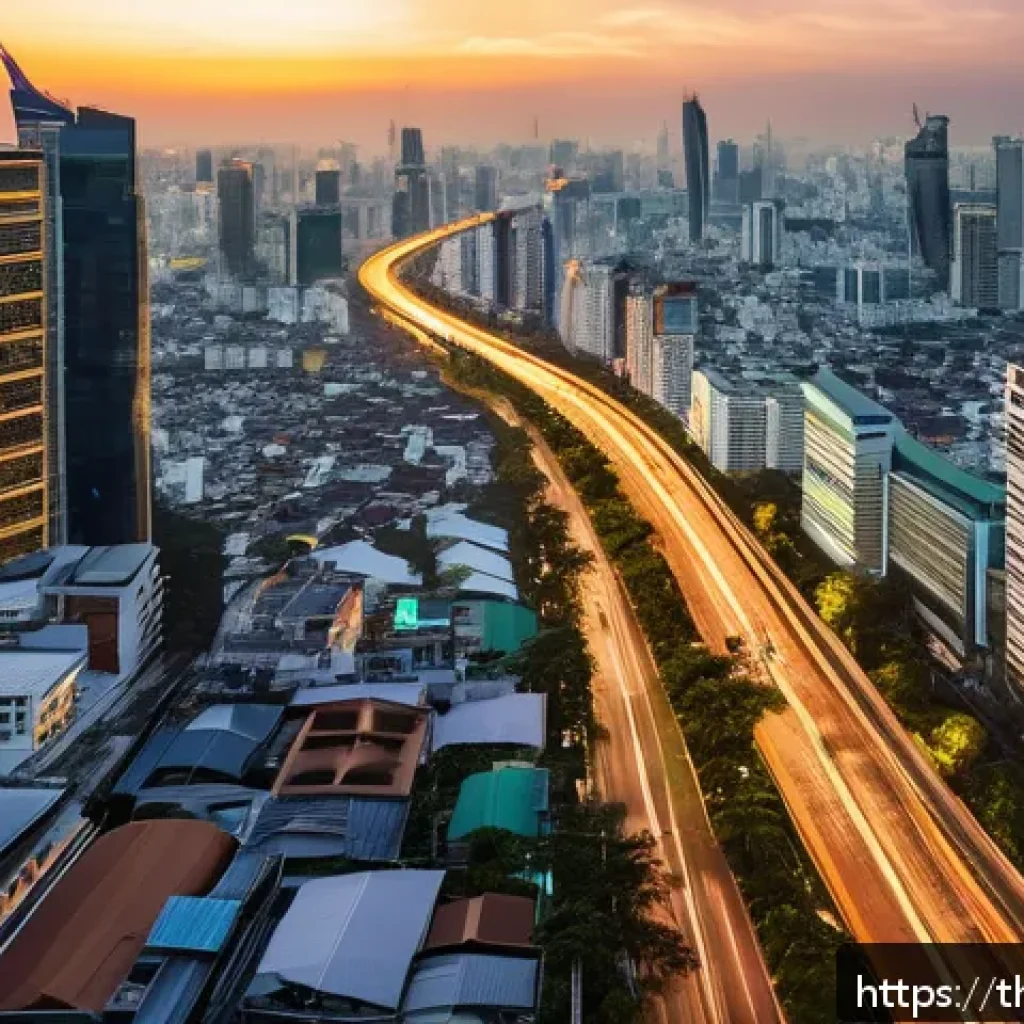 스마트시티 디자인의 미래 기술 예측 - A futuristic smart cityscape in Bangkok during sunset, featuring intelligent traffic management with...