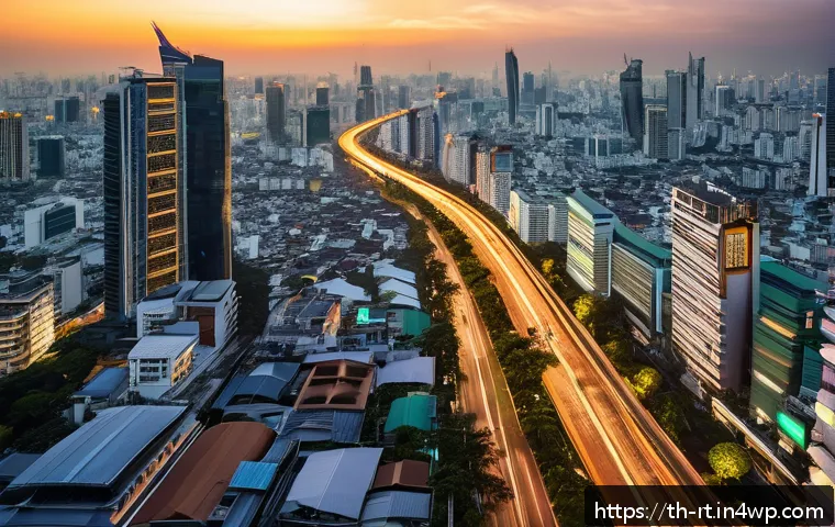 스마트시티 디자인의 미래 기술 예측 - A futuristic smart cityscape in Bangkok during sunset, featuring intelligent traffic management with...