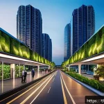 Home 23 스마트시티 디자인의 과거와 현재 - A futuristic smart cityscape in Southeast Asia at dusk, featuring sleek skyscrapers with vertical ga...