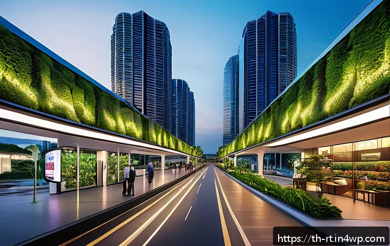 스마트시티 디자인의 과거와 현재 - A futuristic smart cityscape in Southeast Asia at dusk, featuring sleek skyscrapers with vertical ga...